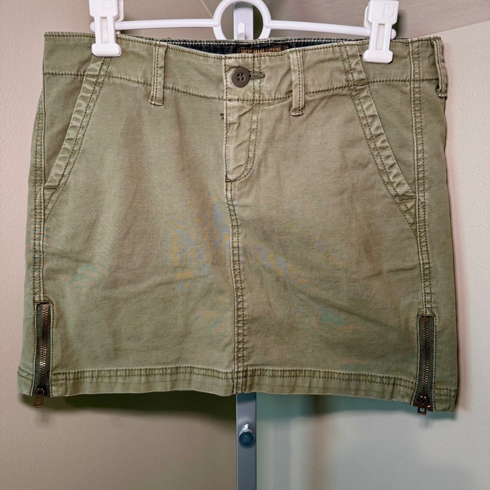 Lucky Brand Vintage Olive Green Cargo Mini Skirt Front Hem Zippers Size 28